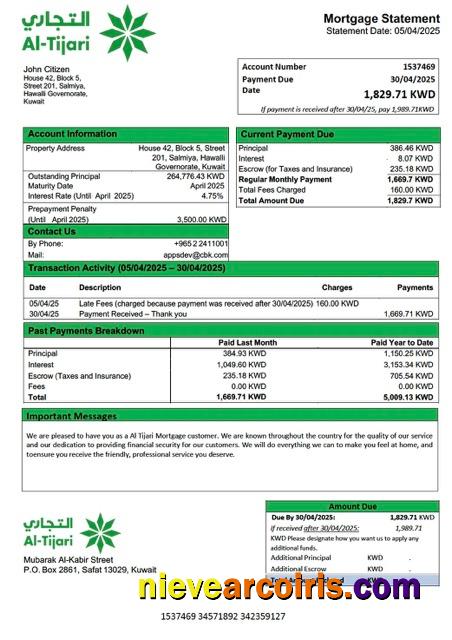 Kuwait Commercial Bank of Kuwait (Al Tijari) mortgage statement Word and PDF template